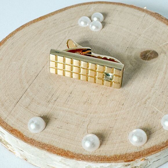 Vintage Gold Tone Cufflinks Tie Clip Set 1970s Glass Stone Wedding Formal Suit - Picture 9 of 12